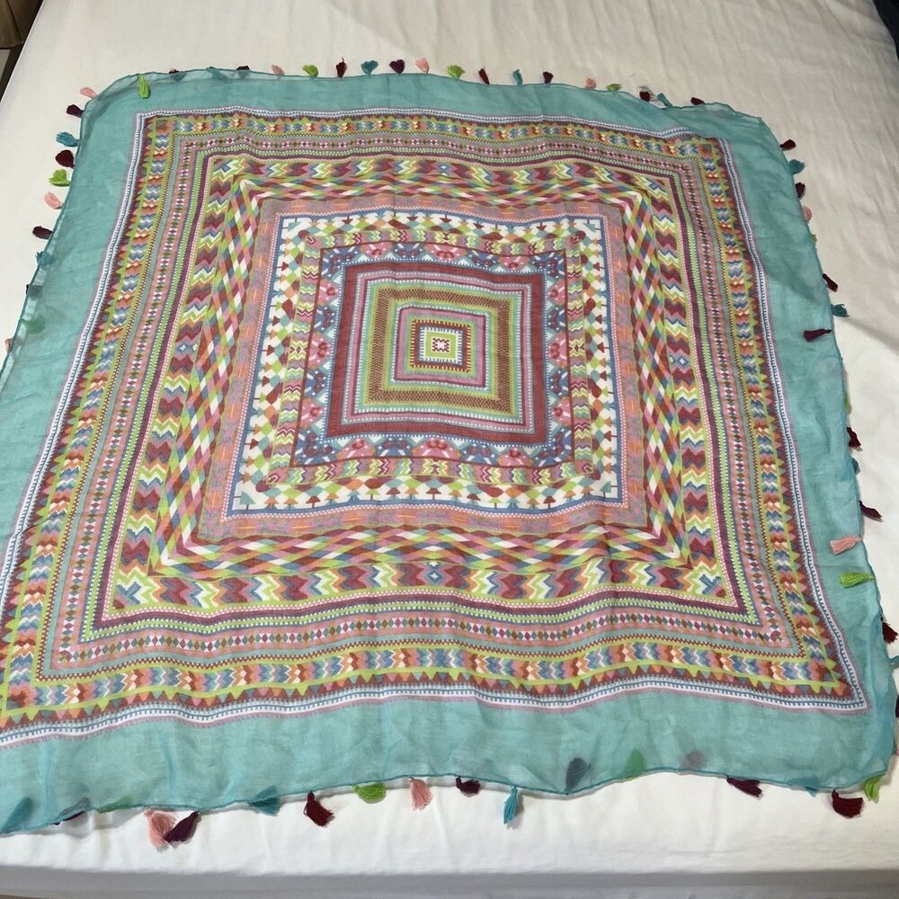 Forever 21 Square 42 Inch Women’s Geometric pattern tassel Boho scarf Colorful
